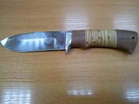 Нож "Сом", рукоятка из дерева Сапели и бересты, рисунок, сталь 65Х13, производства "Окские ножи"