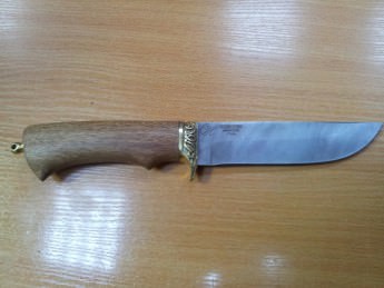 Нож "Бобр", рукоятка из дерева Сапели и латуни, сталь Дамасск, производства "Окские ножи"